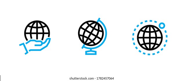 Set of three photo globe earth icons. Editable line vector. Stylized symbol globe in hand, globe on a stand and satellite orbit of blue color. Single pictogram.