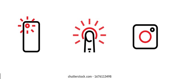 Set of three photo video icons. Editable line vector. Symbols of smartphone, finger touch and motion camera red color. Single pictogram.