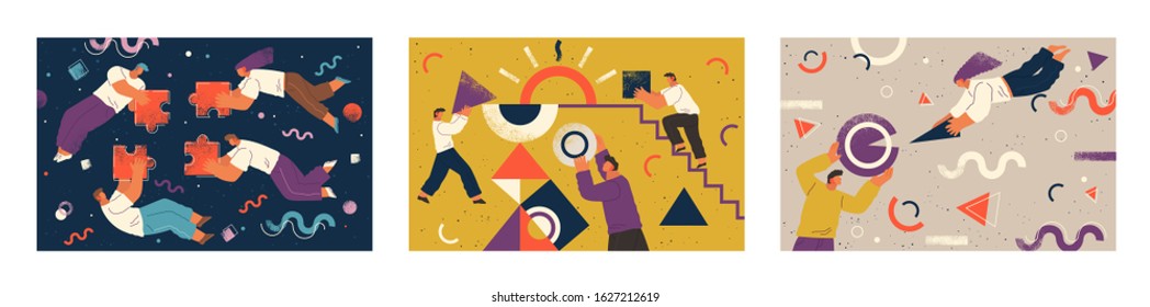 Set of three pictures about cooperation. Teamwork of people that completing puzzle or supporting each other. Geometric ornaments and shapes on poster. Vector illustration of team in flat style