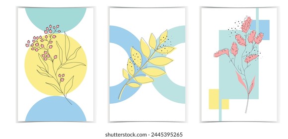 Set of three pictures with leaves anf flowers on colourful geometry background, vector illustration