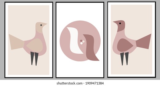 Set of three pieces abstract Geometric patterns and birds wall art. Pink, cream pastel color of Minimalist Scandinavian wall decor. Nursery art Deco for kids. Vector Ilustration.