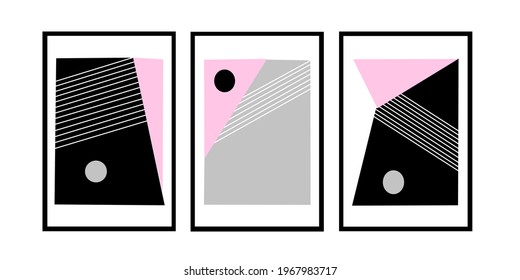 Set three pieces of abstract Geometric wall art. Pink, Black and grey color of Geometry wall decor. Minimalist wall Decorations for home.
