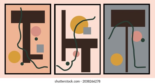 Set three pieces of abstract Geometric mid century modern wall art. Geometry shapes wall decor. Minimalist wall Decorations.