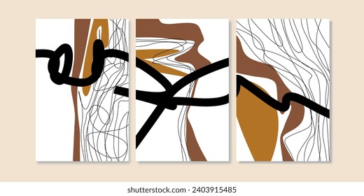 Set of three pieces abstract line art wall art. Aesthetic wall decoration for home.