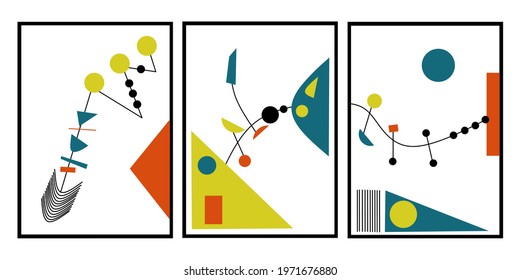 Set three pieces of abstract Mid century modern wall art. Vintages Geometric wall decor. Minimalist wall Decorations vector set.