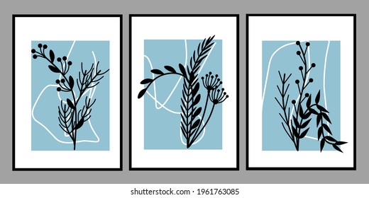 Set three pieces of bontanical flowers wall art. Pastel color of Scandinavian wall decor. Minimalist wall Decorations.