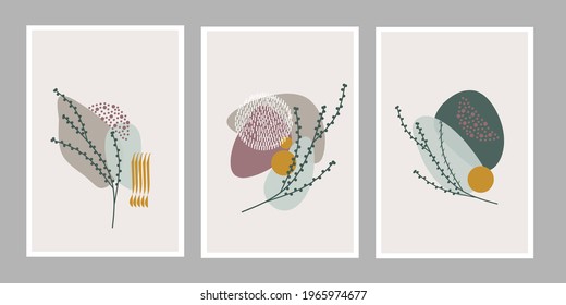 Set three pieces of bontanical flowers and organic shapes wall art. Minimalist wall decor. Scandinavian style wall Decorations.