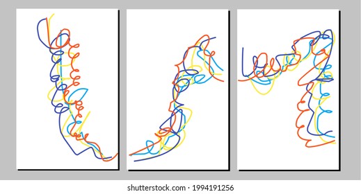 Set three pieces of Colorful abstract minimal line art wall art. Abstracts curl and wavy line art wall decor. Minimalist Scandinavian wall decorations.