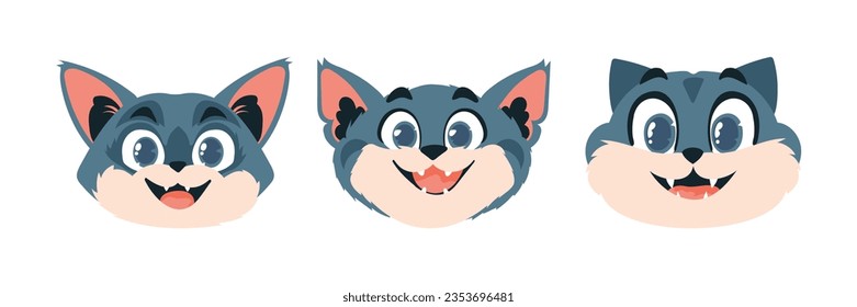 Set of three pieces locks in faces of cats. Cartoon style, Vector Illustration