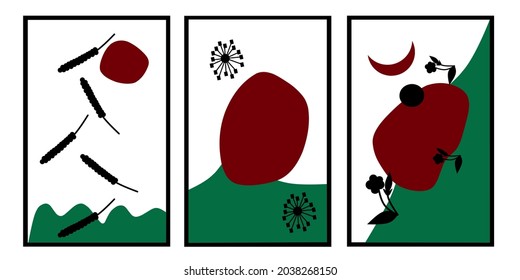 Tres piezas de arte en la pared de flores minimalistas. Bonita decoración en la pared de flores. Decoración escandinava de las paredes.