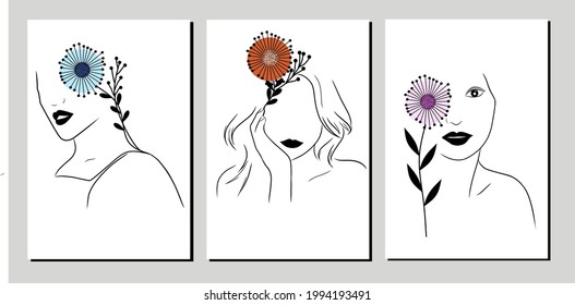 Set three pieces of minimal minimal line art woman with flowers wall art. Girl wall decor. Feminine wall Decorations. Scandinavian style home decor.