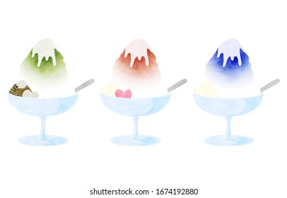 Set Of Three Pieces Of Shaved Ice, Uji Kinki And Strawberry Taste, Blue Hawaii Taste