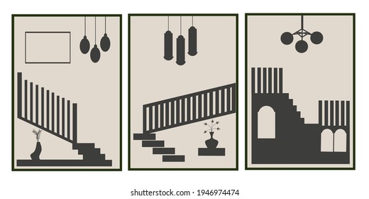 Set three pieces of stairs wall art. Scandinavian wall decor. Neutral color Minimalist wall Decorations.