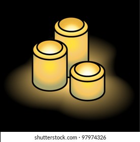 A set of three pillar votive candles on a black background.