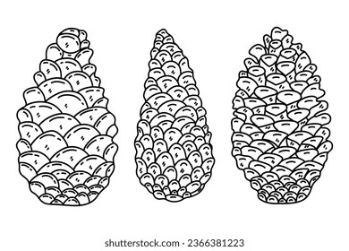 Conjunto de tres conos de pino sobre un fondo blanco. Doodle de ilustraciones vectoriales aisladas en blanco y negro. Icono o tarjeta dibujado a mano, elemento de diseño
