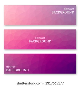 Set of three pink banners in low poly art style. Background with place for your text. Vector illustration
