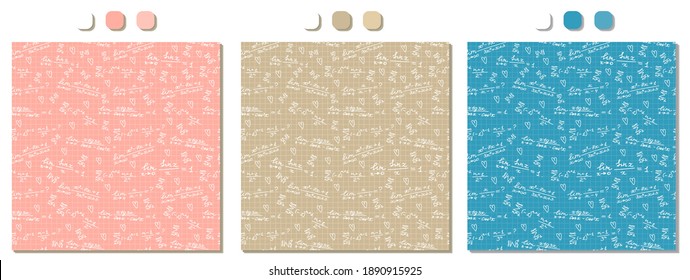 Set of three pink, beige, blue vector seamless patterns with handwritten white mathematical formulas, calculations on squared paper. Mathematical analysis, limits theme