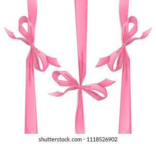 A set of three pink bows for a gift or greeting card. Vector holiday elements in cartoon style on a white background.
