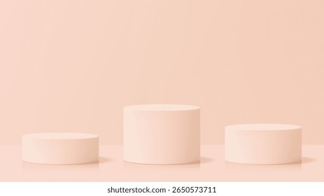 Set aus drei rosa zylindrischen Produktpodien. Leerer Display-Ständer für Produktpräsentationswerbung und Markenshow.