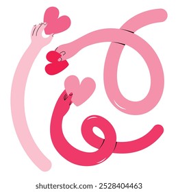 Set with three pink hands giving hearts, symbol of love, charity, donation and support. Hand drawn in flat design, isolated on white vector illustrations