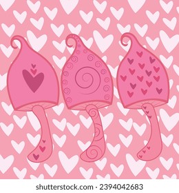 Set of three pink mushrooms. Valentine's pink mushrooms on hearts background.Romantic cap
