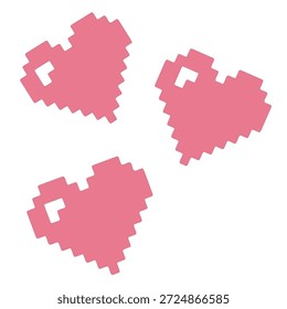 Conjunto de tres iconos de corazón de arte de píxeles rosa en estilo retro de 8 bits. Ideal para tarjetas de felicitación de vacaciones, invitaciones de boda, celebraciones de aniversario, Anuncios, carteles y diseños de redes sociales. Aislado sobre fondo blanco para una fácil integración en cualquier proyecto de diseño. Ilustración vectorial.