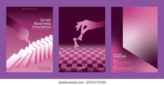 Set of three pink and purple business posters. Themes include insurance, strategy, and online presence. Features chess pieces and domino effect imagery. Innovative business templates.