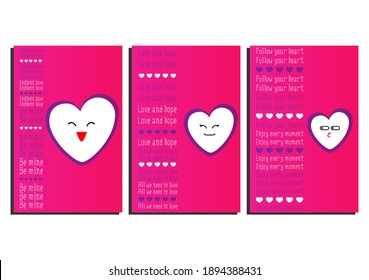 Set of three pink and purple valentine's day cards. Hearts with emoji, cards with romantic text. Postcards for festive design, packages, wallpapers, decoration