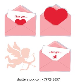 Set of three pink vector romantic Valentine envelopes, isolated on a white background with the silhouette of a Cupid. Vector illustration.