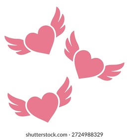 Conjunto de tres iconos de corazón alado rosa: ilustraciones planas y modernas ideales para San Valentín, invitaciones de boda, celebraciones de aniversario, tarjetas de felicitación navideñas, Anuncios, carteles y diseños de redes sociales. Aislado sobre fondo blanco para una fácil integración en cualquier proyecto de diseño. Ilustración vectorial, escalable para uso impreso y digital.