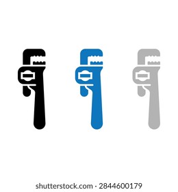 A set of three pipe wrenches displayed in different colors black blue and gray on a plain background