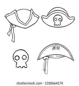 Set of three pirate hats in cartoon style. Linear vector sketch for coloring book, stencil, design, prints.