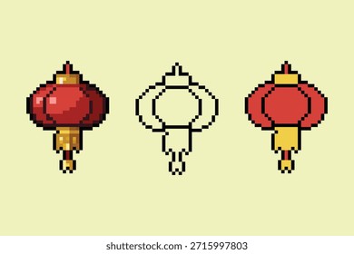 Un conjunto de linternas chinas de tres píxeles con una versión sombreada, un contorno en blanco y negro y un diseño de color plano. Perfecto para juegos de estilo retro, festivales culturales asiáticos y decoraciones del Año Nuevo Lunar.