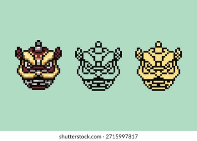 Un conjunto de tres cabezas de baile de león chino de arte de píxeles (Barongsai) con una versión colorida detallada, un contorno negro minimalista y un estilo monocromo dorado. Ideal para juegos temáticos del Año Nuevo Video Lunar, íconos de festivales culturales y arte digital retro de 8 bits.