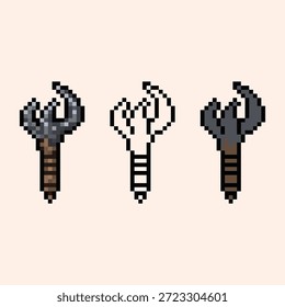 A set of three pixel art fantasy weapon icons featuring a jagged stone mace or club. The set includes a fully rendered version with textures, a black and white line art version, and a flat color version.