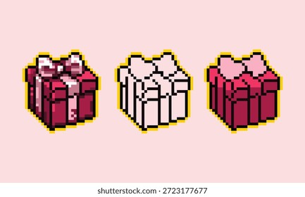 Un conjunto de iconos de caja de regalo de arte de tres píxeles con un tema romántico rosa y rojo con una cinta.