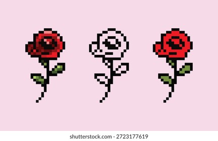 Un conjunto de iconos de arte de tres píxeles con una hermosa rosa roja en un tallo con hojas. Incluye una versión sombreada de alto detalle, un contorno minimalista en blanco y negro y una versión de color plano vibrante. Perfecto para juegos de temática romántica, diseños de San Valentín e ilustraciones florales de 8 bits.