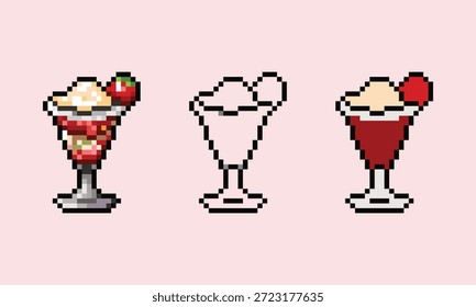 Ein Satz von drei Pixel Art Icons mit einem köstlichen Erdbeer Eis in einem Glas. Die Kollektion umfasst eine detaillierte schattierte Version mit Erdbeergarnierung und Cremeauflage, einen minimalistischen schwarzen Umriss und ein flaches 2D-Farbdesign.