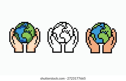 A set of three pixel art icons depicting human hands gently cradling the Earth globe. The collection features a detailed shaded version, a minimalist black and white outline, and a flat color design.