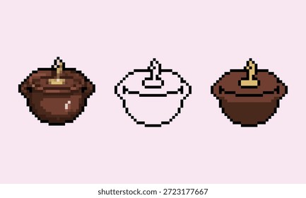 Um conjunto de ícones de arte de três pixels com um pote de fondue de chocolate com um garfo de imersão.