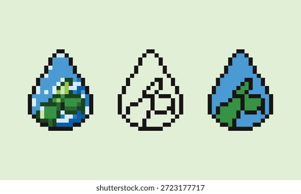 Un conjunto de iconos de arte de tres píxeles con una gotita de agua azul con una hoja verde en el interior. La colección incluye una versión sombreada detallada con reflejos de agua, un contorno negro minimalista y un diseño de color 2D plano.