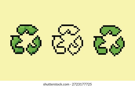 A set of three pixel art recycling icons featuring a classic green mobius loop, a minimalist outline version, and a flat color version.
