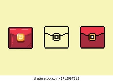 Un conjunto de sobres rojos de arte de tres píxeles (Hongbao) que incluyen diseños de colores sombreados, contornos y planos. Perfecto para gráficos de Año Nuevo Lunar, decoraciones de festivales asiáticos e íconos de recompensas de juegos móviles.