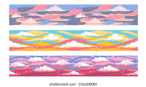 A set of three pixel backgrounds. Bright sunset sky with clouds. Fitted horizontally.