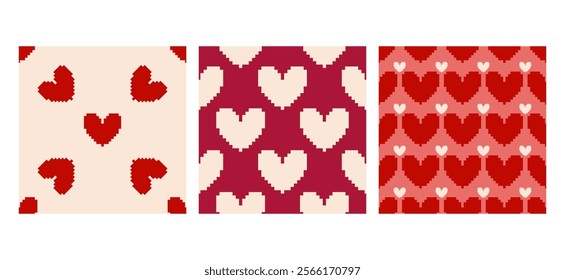 set of three pixel hearts seamless patterns for valentine day, perfect for website banners, sales promotions, Valentine's cards, covers, flyers, or posters