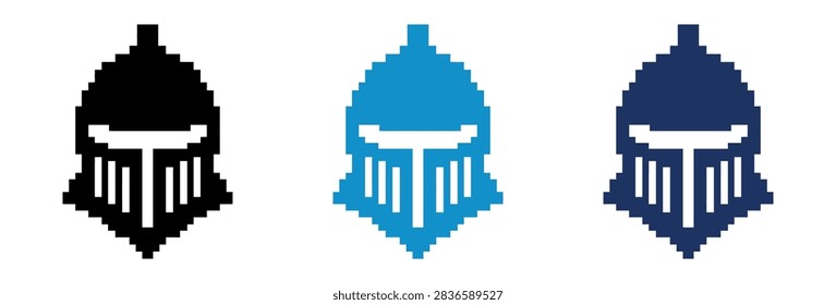 A set of three pixelated knight helmets representing medieval armor in black light blue and dark blue colors for gaming and digital design