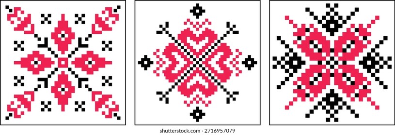 Un conjunto de tres adornos populares estilo píxel inspirados en el bordado tradicional y patrones geométricos étnicos. Con motivos florales y cruzados simétricos en rojo, negro y blanco, esta ilustración decorativa es ideal para diseños culturales, textiles, referencias de bordado, proyectos de arte popular, iconos, pegatinas y decoraciones digitales o impresas. Adecuado para el Uso comercial.