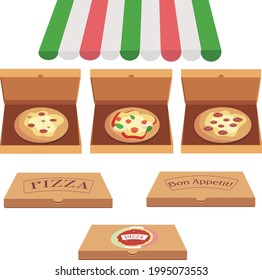 Set of three pizzas and three closed pizza boxes
