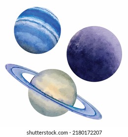 Set of three planets of the solar system isolated on white background. Watercolor style. Vector illustration. Cartoon Clipart