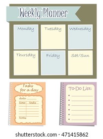 Set of three planners "To-Do List" for organizing a day. Vector illustration. It can be used daily and weekly